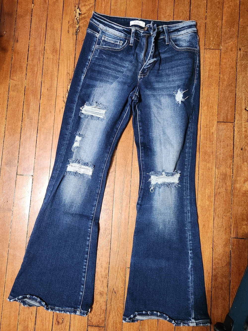 Kancan Dark Blue Distressed Flare Jeans Dark Blue 30
